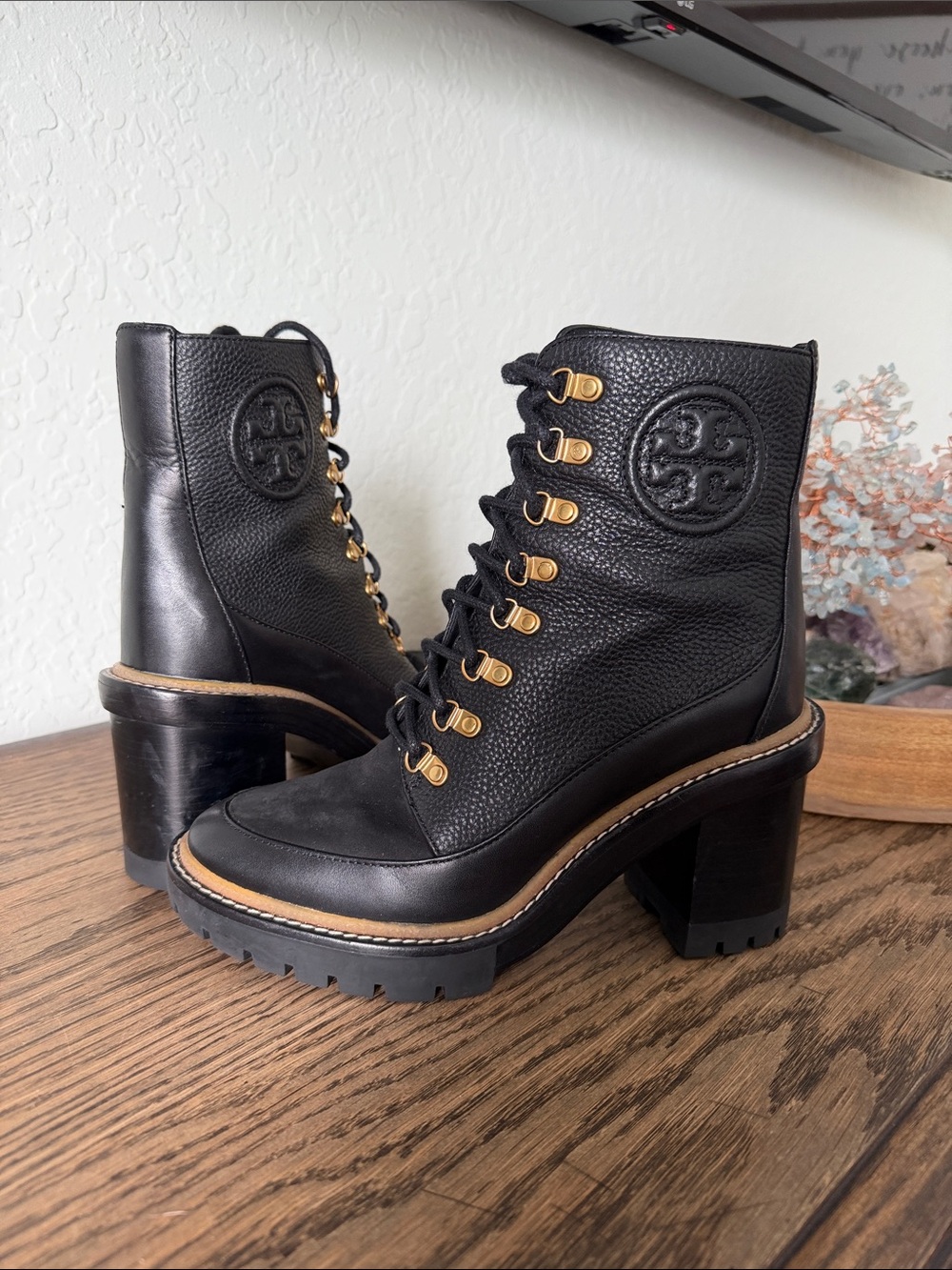 Tory Burch Black Lace-Up Leather Lug Heel Ankle Boots with Gold Hardware